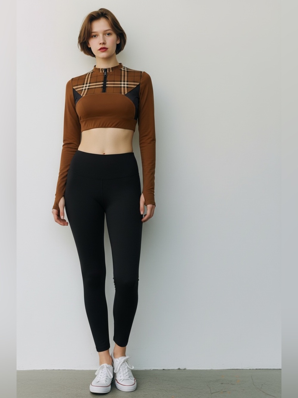 Burberry Check Panel Technical Compression Crop Top Brown & Black XS